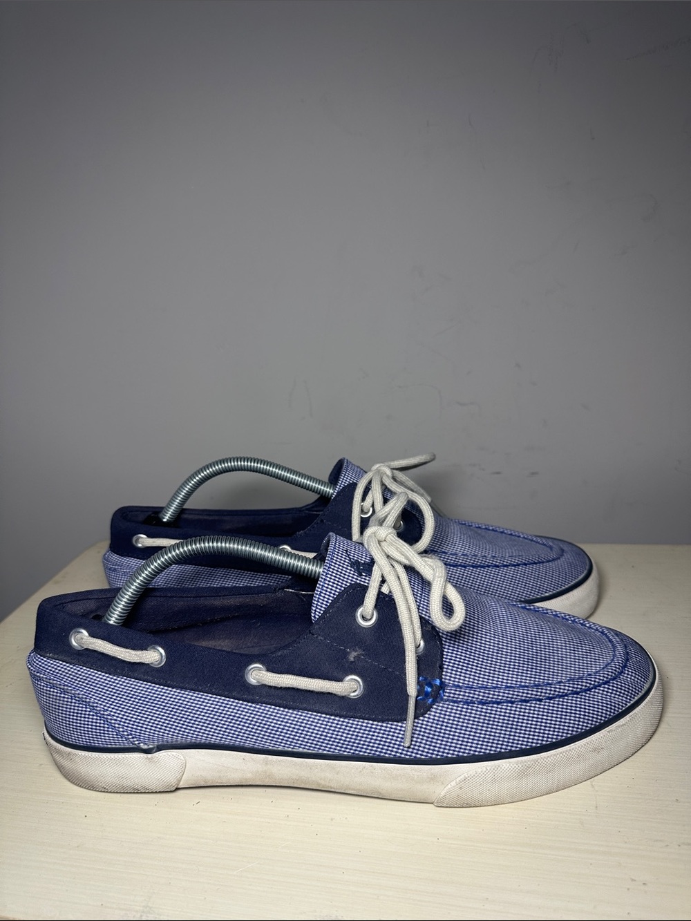 Polo Ralph Lauren Lander mini gingham Navy and Light Blue Canvas Boat Shoes
